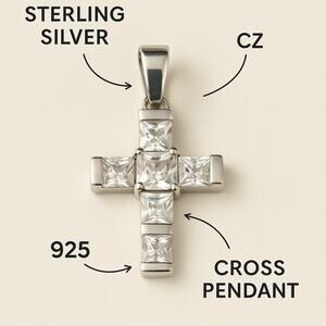 Vintage Sterling Silver Cross Pendant with Princess-cut CZ Stones